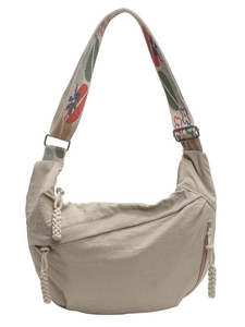 Minimalist beige nylon crescent crossbody bag with colorful floral jacquard wide strap