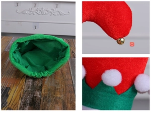 Detail of plush Christmas elf hat with golden bell and white pompom decorations