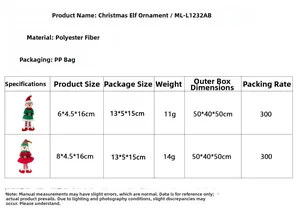 Size chart showing technical specifications for polyester Christmas elf pendants