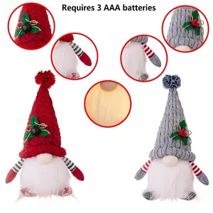 Detail shots showing glowing Christmas gnome decor with knit hats and holly berry accents