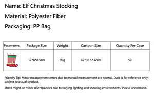 Detailed dimensions and weight specifications of the striped elf Christmas stocking