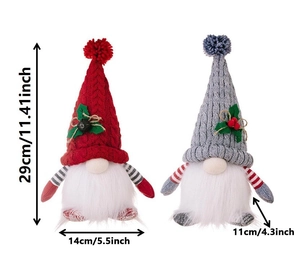 Detailed size view of red and gray knitted Christmas gnomes with dimension markings