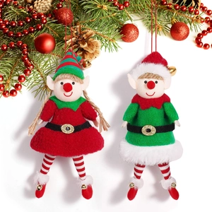 Cute elf couple plush ornaments with striped hats for Christmas tree hanging decoration