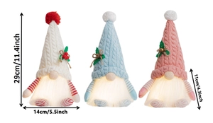 Detailed view of three glowing Christmas gnomes with knitted hats and size dimensions