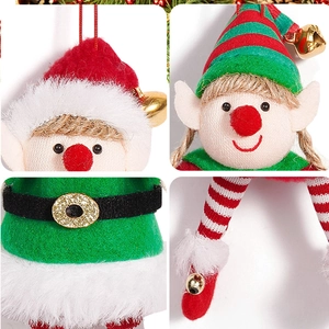 Cute Christmas elf plush pendant with striped hat and bell details in four-panel view