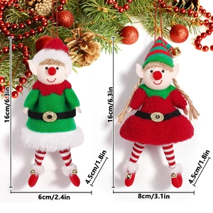 Pair of 16cm Christmas elf plush dolls with bells and dimensions for tree decoration