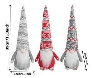 Detailed size dimensions of three knitted Christmas gnomes with snowflake hats and white beards