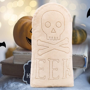 Halloween tombstone plush pillow with skull embroidery and EEK text festive decoration