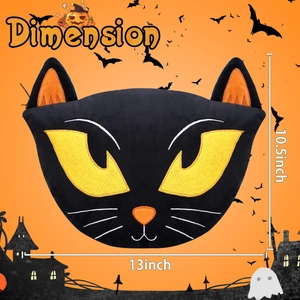 Cuscino gatto nero Halloween 13x10,5 pollici guida alle taglie su sfondo arancione a tema