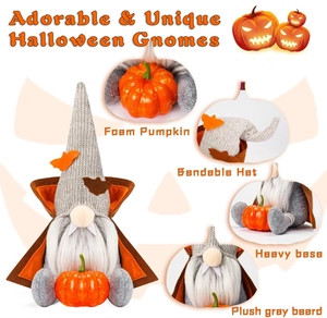 Detail view of Halloween gnome featuring a bendable hat and weighted base holding a pumpkin