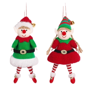 Cute Christmas elf couple figurines in plush and knit outfits for festive tree decoration