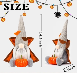 Detailed view showing a Halloween vampire gnome with pumpkin and 14.5 inch size dimensions