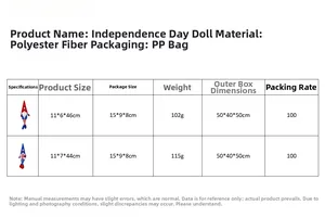 Size chart showing long-legged Independence Day gnome figurines with red white and blue hats
