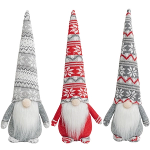 Three-piece Christmas gnome plush set with knitted snowflake hats in red and grey
