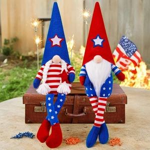 Close-up of patriotic gnome plush decor with stars and stripes on leather trunk