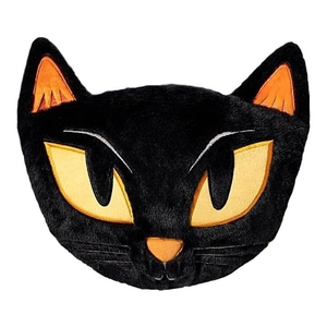 Cuscino decorativo di Halloween gatto nero in peluche con grandi occhi gialli e orecchie arancioni