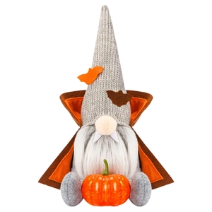 Halloween faceless gnome plush with vampire cape holding a pumpkin festive decoration
