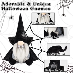 Détail d'un gnome d'Halloween avec chapeau pliable, broderie toile d'araignée et barbe grise