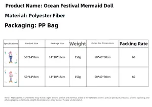 Detailed sizing chart for mermaid gnome plush including 50x14x8cm product dimensions