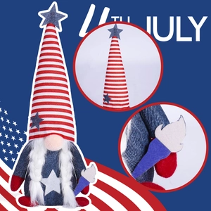 Detail of July 4th gnome with red white stripes hat and torch against stars background
