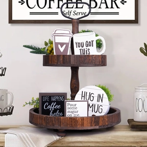 Rustic 2-tier wooden tray for coffee bar decor with walnut finish and metal ring handle