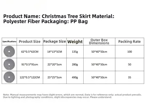 Size chart showing gray knitted Christmas tree skirts in 62cm, 91cm and 122cm diameters