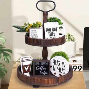 Detail of rustic two-tier wooden tray set with coffee-themed HUG IN A MUG decorative signs