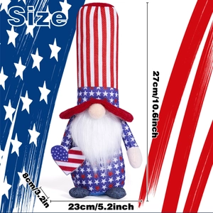 Detailed view of patriotic gnome plush with dimensions and American flag pattern