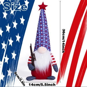 Patriotic July 4th gnome plush with rifle and American flag hat, size 14 inches height