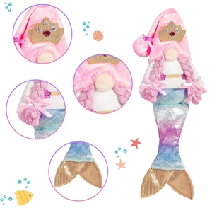 Detail view of mermaid gnome plush with sequins, crown, and colorful braid texture