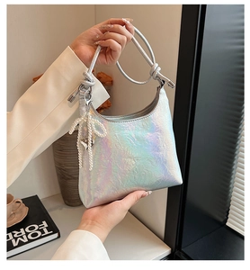 Chic silver holographic PU leather baguette bag with pearl bow and heart charm