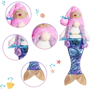 Detail view of mermaid gnome with sequined blue tail, golden crown and braided hair