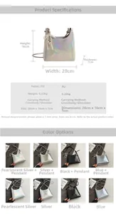 Detailed view of iridescent PU leather handbag specs measuring 20x16x7cm with pearl charm