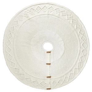 White knitted Christmas tree skirt with cable stitch pattern and wooden toggle buttons