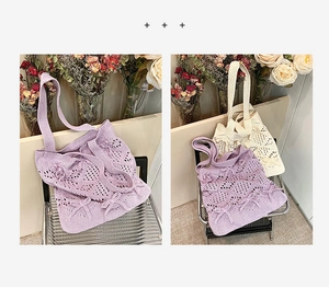 Détails de maille ajourée avec nœud 3D sur les sacs fourre-tout lavande et beige