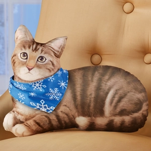 Close-up of a 3D tabby cat pillow with a blue snowflake scarf on a warm cozy sofa