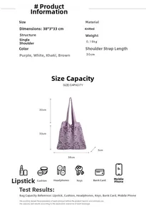 Spécifications de taille pour sac fourre-tout en tricot violet avec nœud évidé
