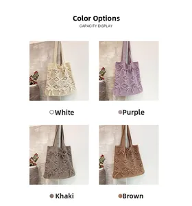 Options de couleurs des sacs cabas tricotés à nœuds en blanc, violet, kaki et marron