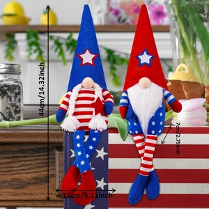 Close-up of patriotic gnome plush set with American flag patterns on table runner