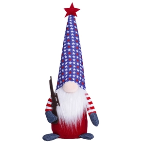 Patriotic USA flag gnome plush ornament with stars stripes and toy rifle accessory