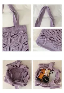 Détail du sac cabas en tricot violet avec motif ajouré et décoration de nœud élégant