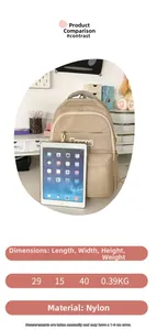 Size chart and dimensions of the nylon backpack next to an iPad for scale comparison