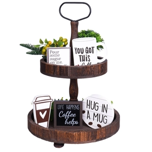 Rustic 2-tier wooden coffee tray set with decorative wood signs and black metal handle