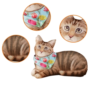 Detailed views of orange tabby cat pillow with soft plush texture and floral scarf