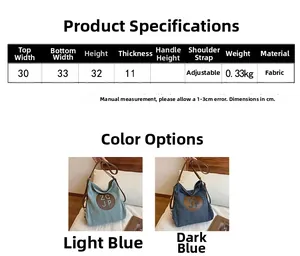 Detailed size chart and dimensions of the canvas tote bag with adjustable straps