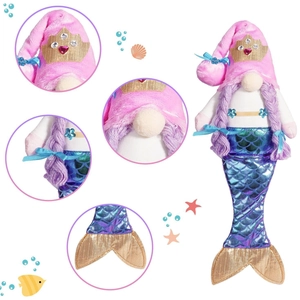 Mermaid gnome plush doll with pink crown hat and gradient purple fish tail for decor