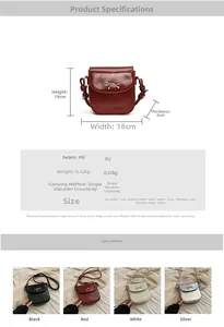 Detail view of red PU leather shoulder bag showing metal bow and dimensions 18x19x6cm