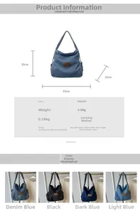 Tabella taglie dettagliata e visualizzazione quattro colori della borsa tote denim