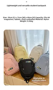 Detailed size chart for nylon student backpack showing 29x15x40cm and 0.36kg weight