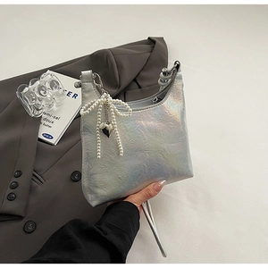Chic silver holographic PU crossbody bag with pearl bow and laser crinkle texture